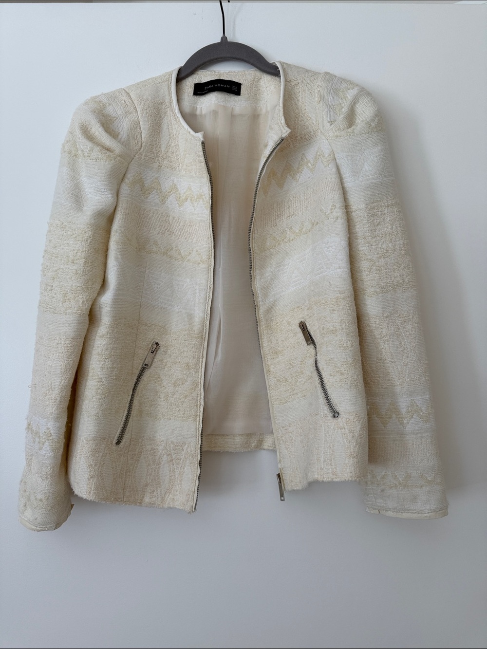 Zara Cream Textured Jacquard Collarless Zip Jacket M